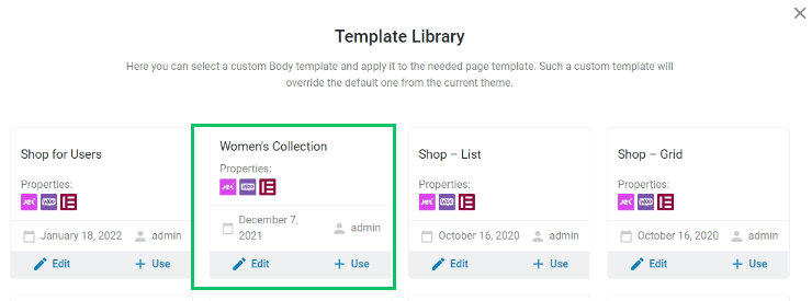 WooCommerce shop template for the category in the template library