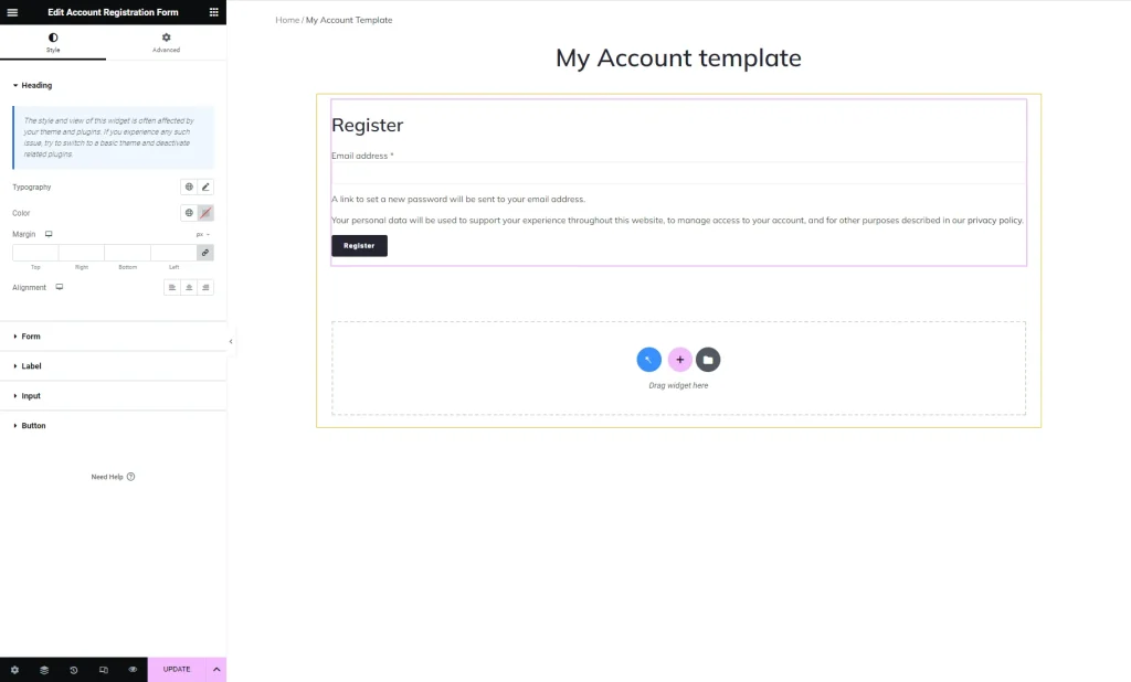 Account Registration Form widget