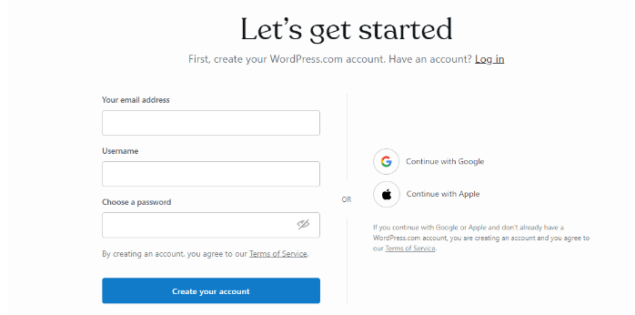 WordPress domain registration creating an account