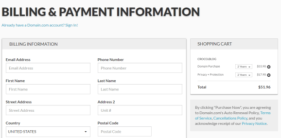 how to pay for the WordPress domain registration