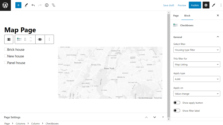 checkboxes filter for map listing in gutenberg