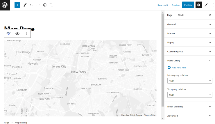 map listing block posts query settings