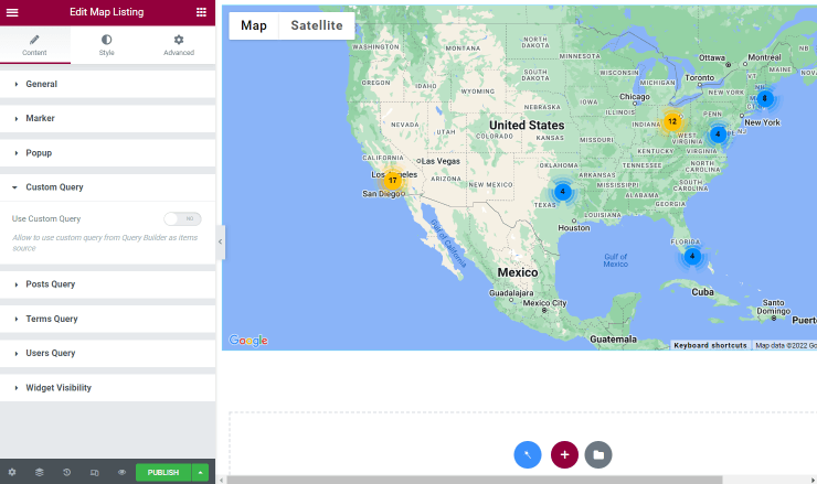 map listing widget custom query settings