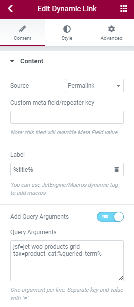 adding query arguments in dynamic link widget