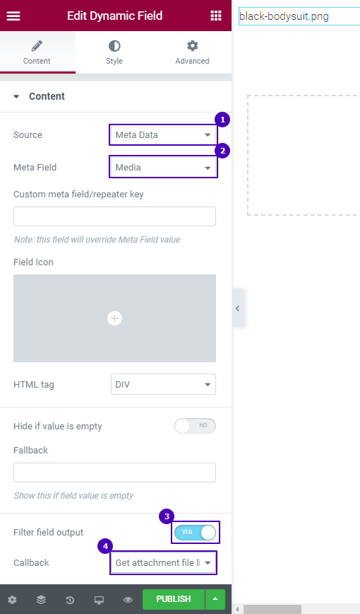 dynamic field callback settings in elementor