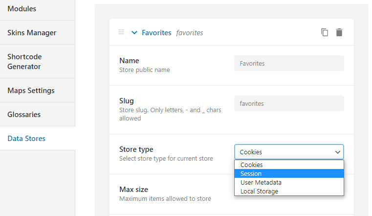 possible store types for favorites datastore