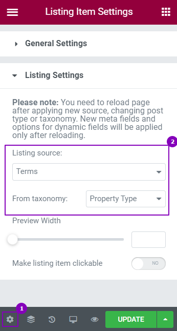 listing item settings in elementor