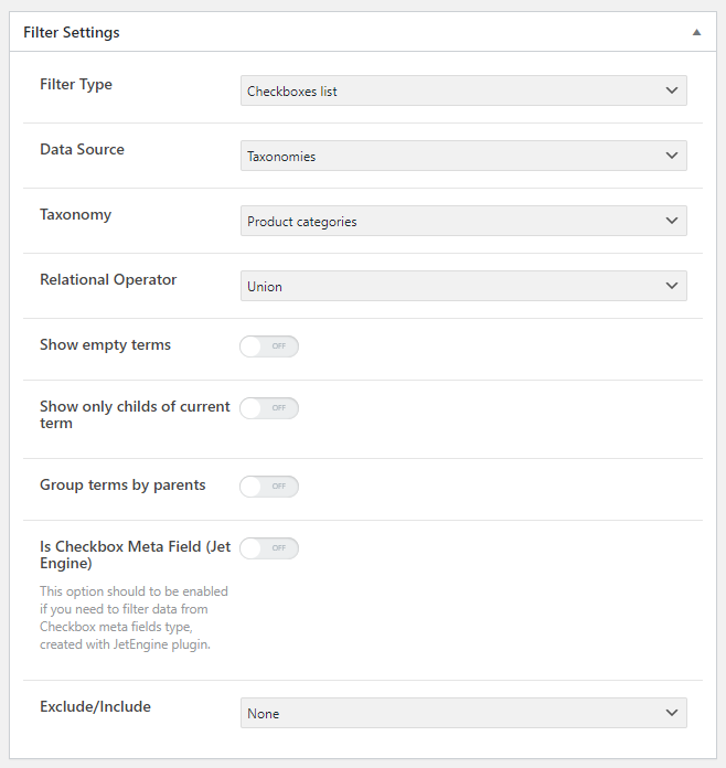 creating checkboxes filter for product category