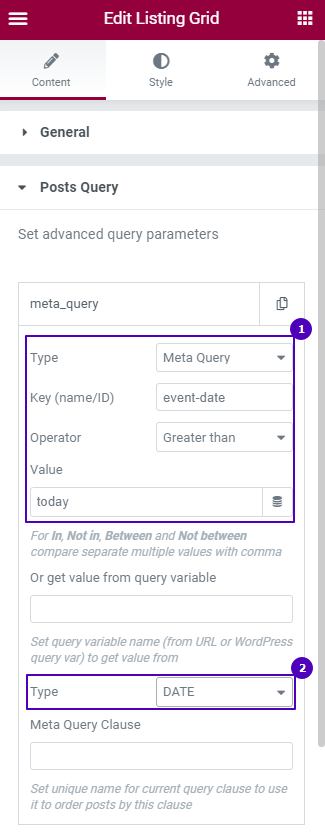 posts query section settings
