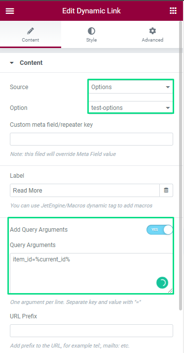 dynamic link options source with query arguments added in elementor