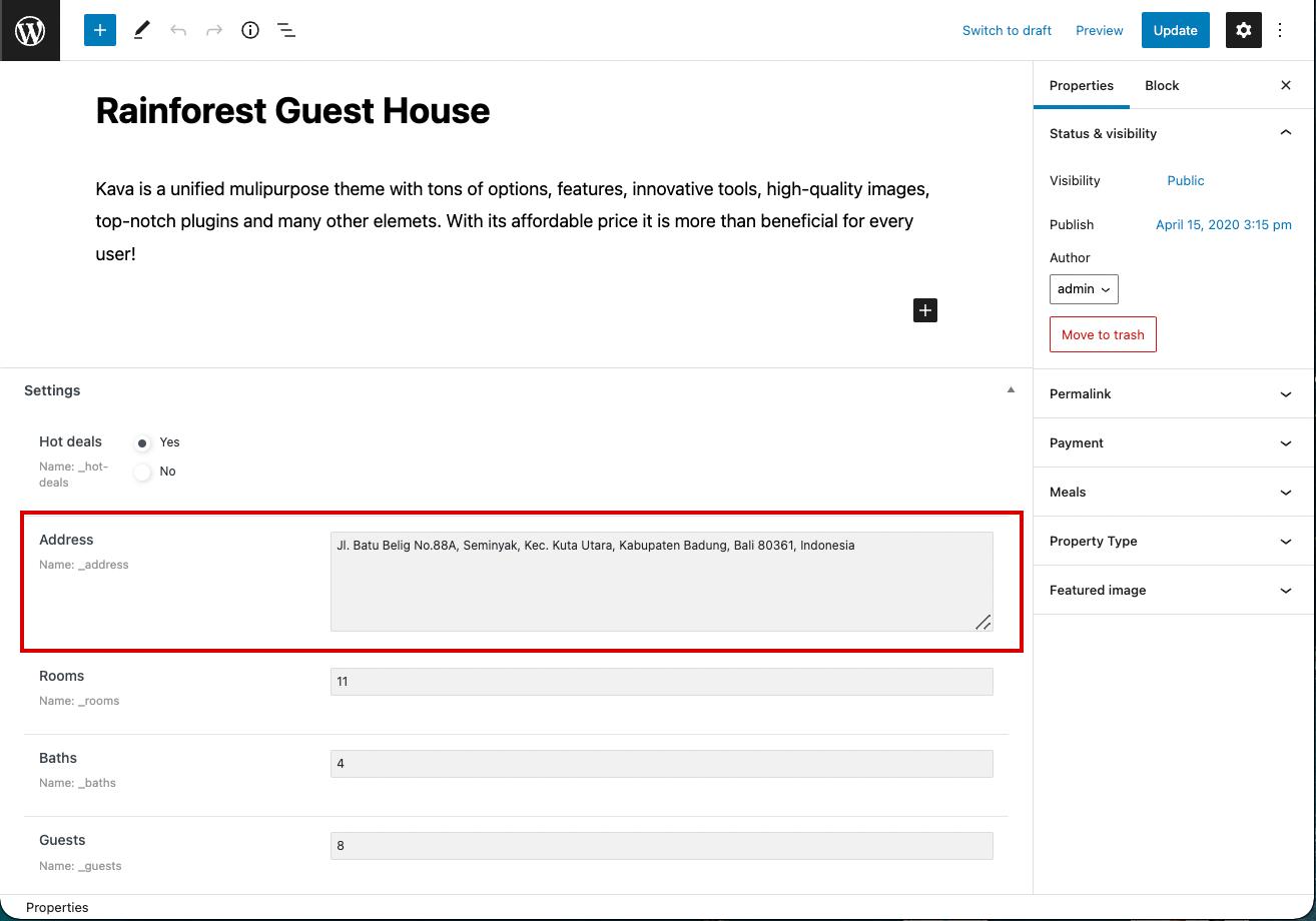 address meta field completed in the post editor