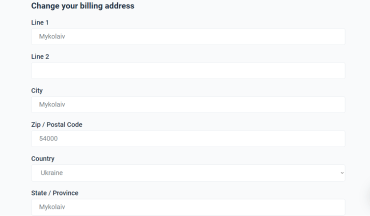 billing address fields of account settings