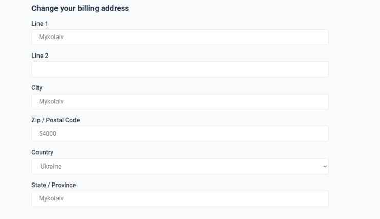 change your billing address section of the settings tab