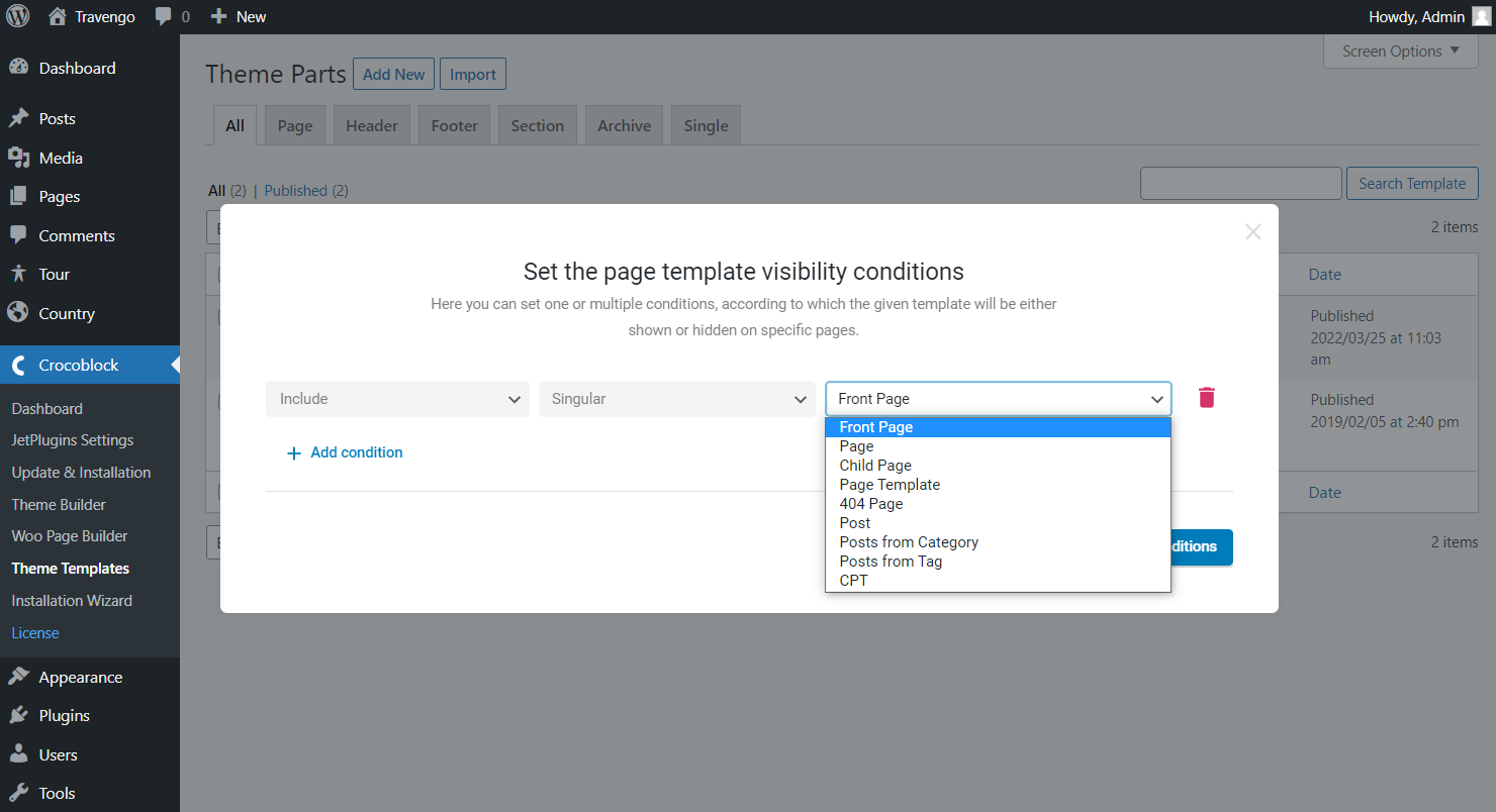 conditions options of singular page