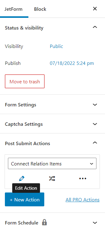 connect relation items post submit action
