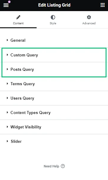 custom query option for the listing grid widget