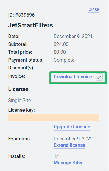 purchase details window