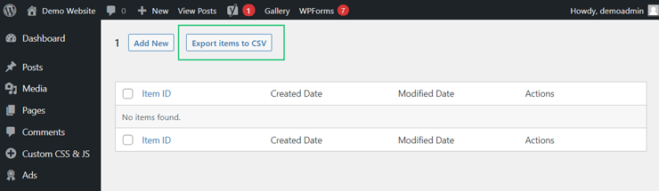 export items to csv button