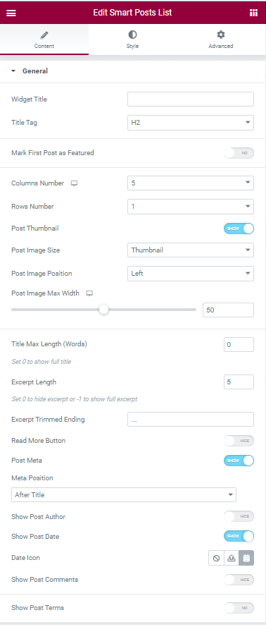 general settings of smart posts list widget
