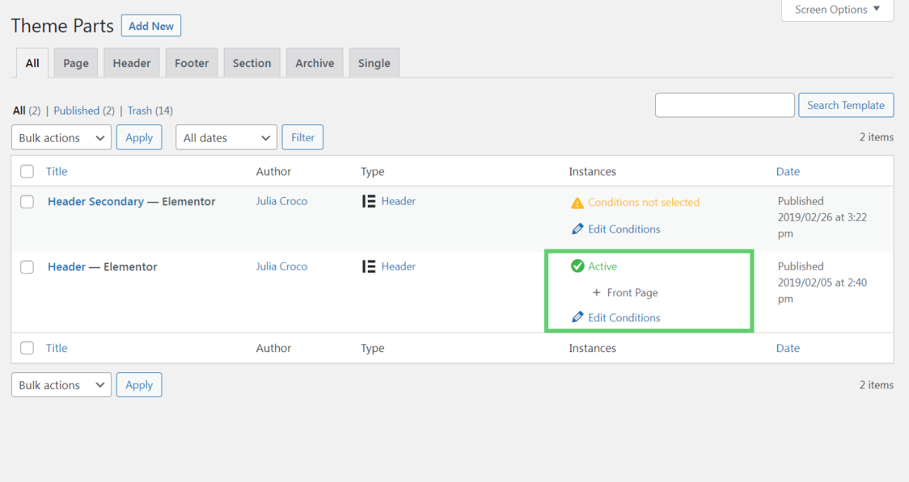 active header conditions