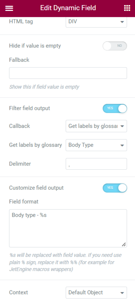 how to display glossary option with dynamic field