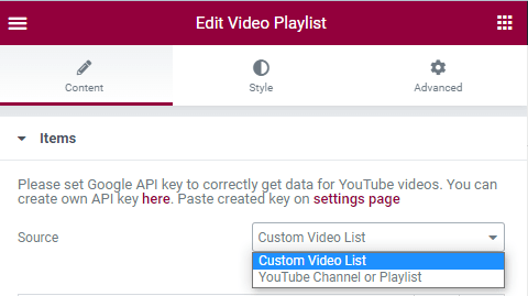 item settings of video playlist widget