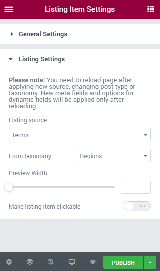 listing item settings for taxonomy
