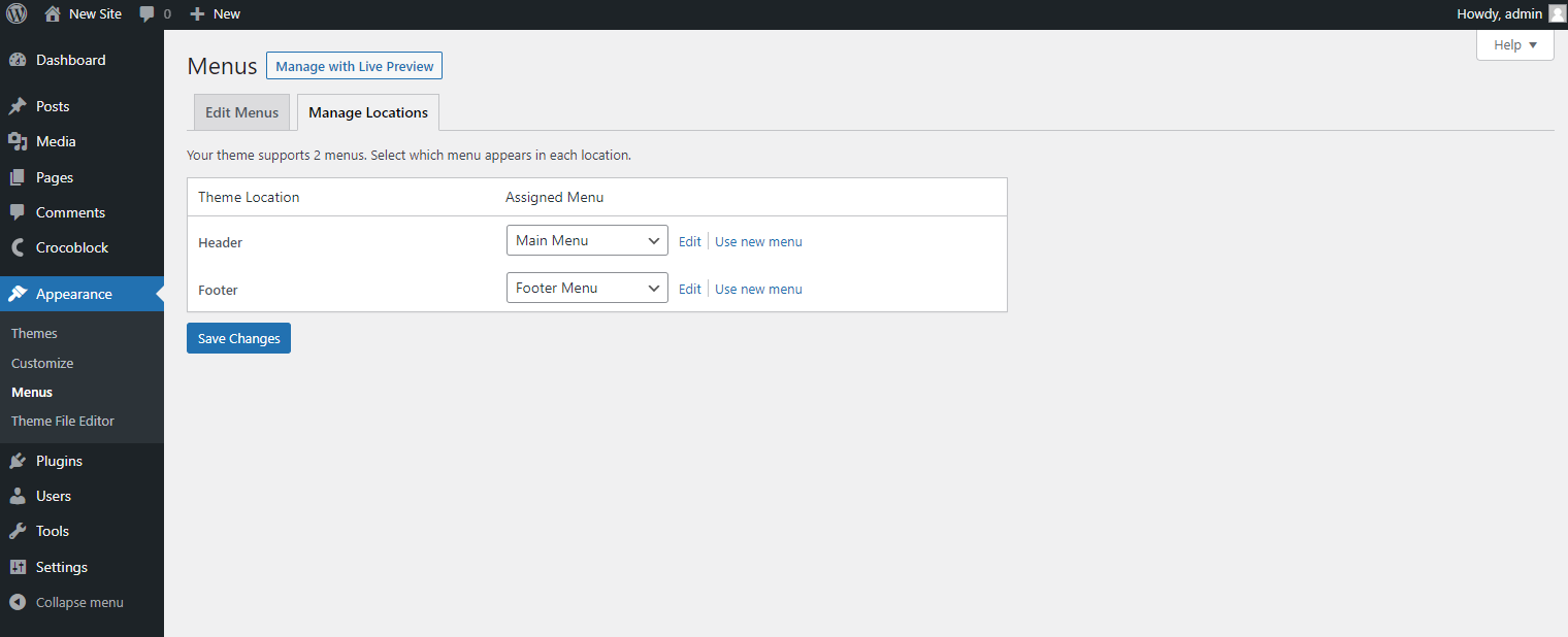 manage wordpress menu locations