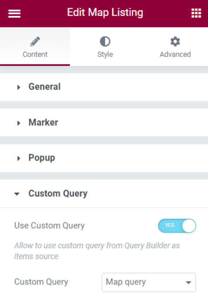 map listing custom query in elementor