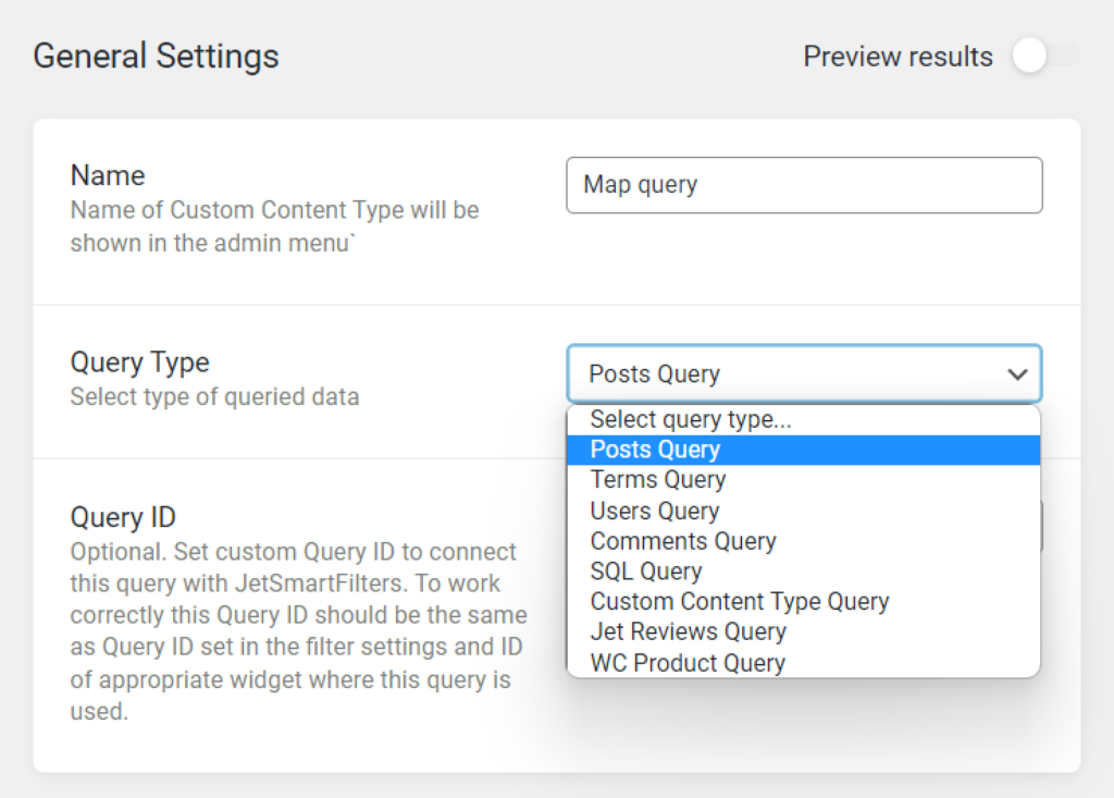 query builder general settings