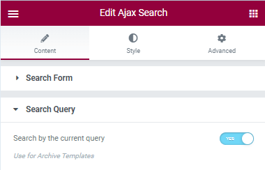 search query tab of ajax search widgets for elementor