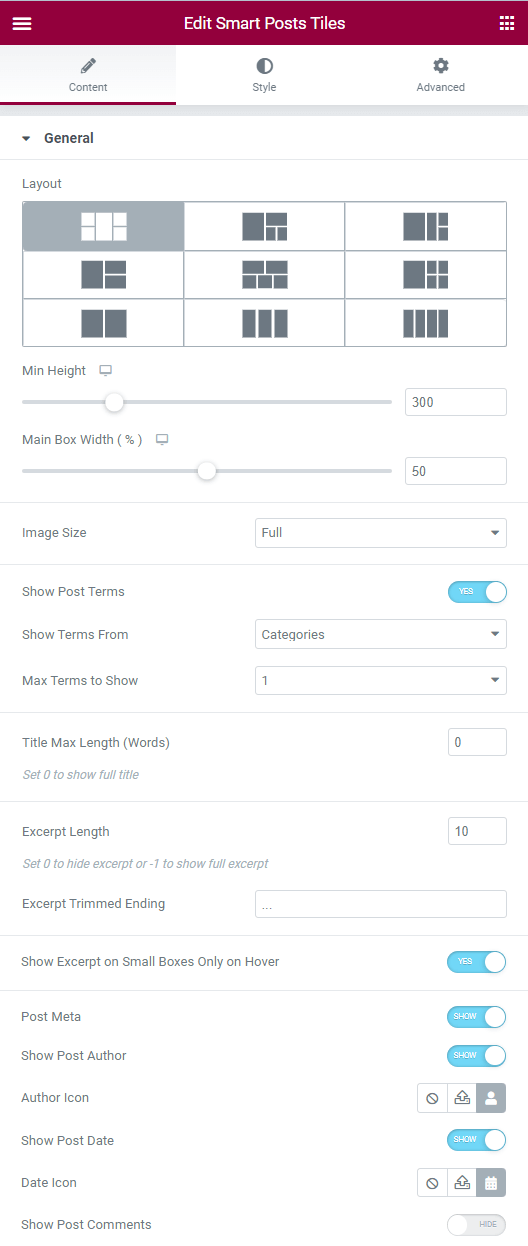 general settings of smart posts tiles widget
