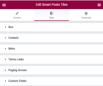 style settings of smart posts tiles widget