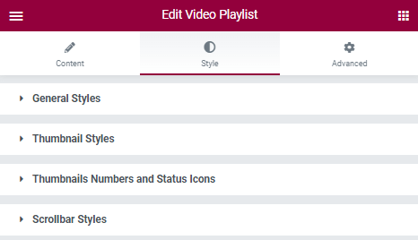 style settings of video playlist widgets