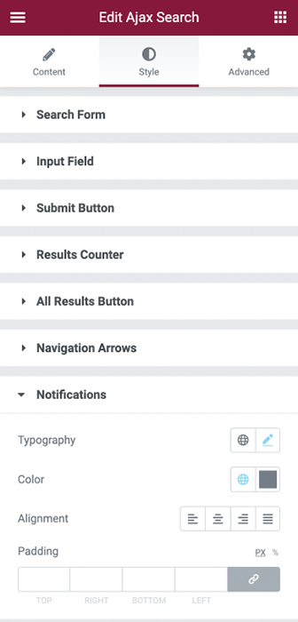 style the ajax search notifications
