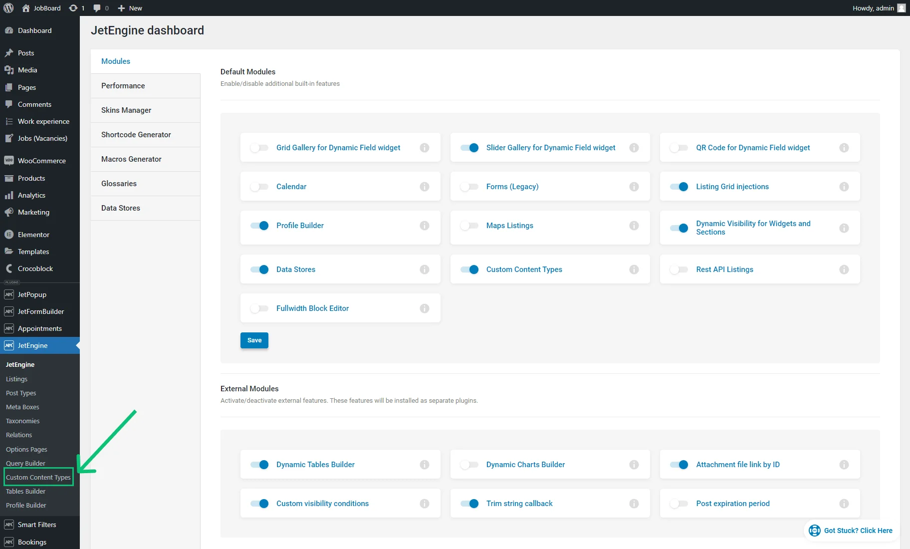 Custom Content Types tab on the WordPress Dashboard