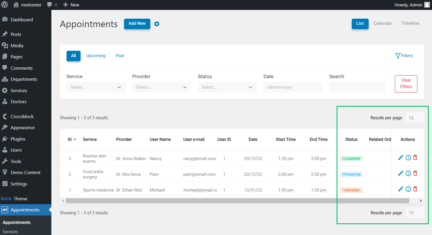 appointments dashboard available actions