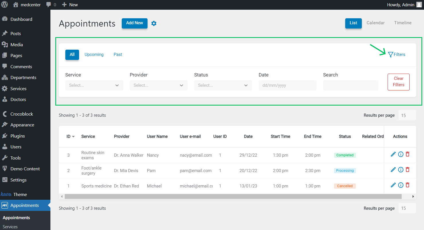 appointments dashboard filters directory