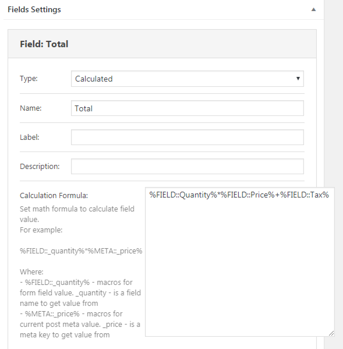 calculated field settings