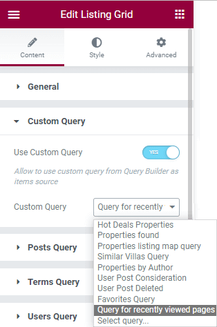 custom query settings of listing grid widget in elementor