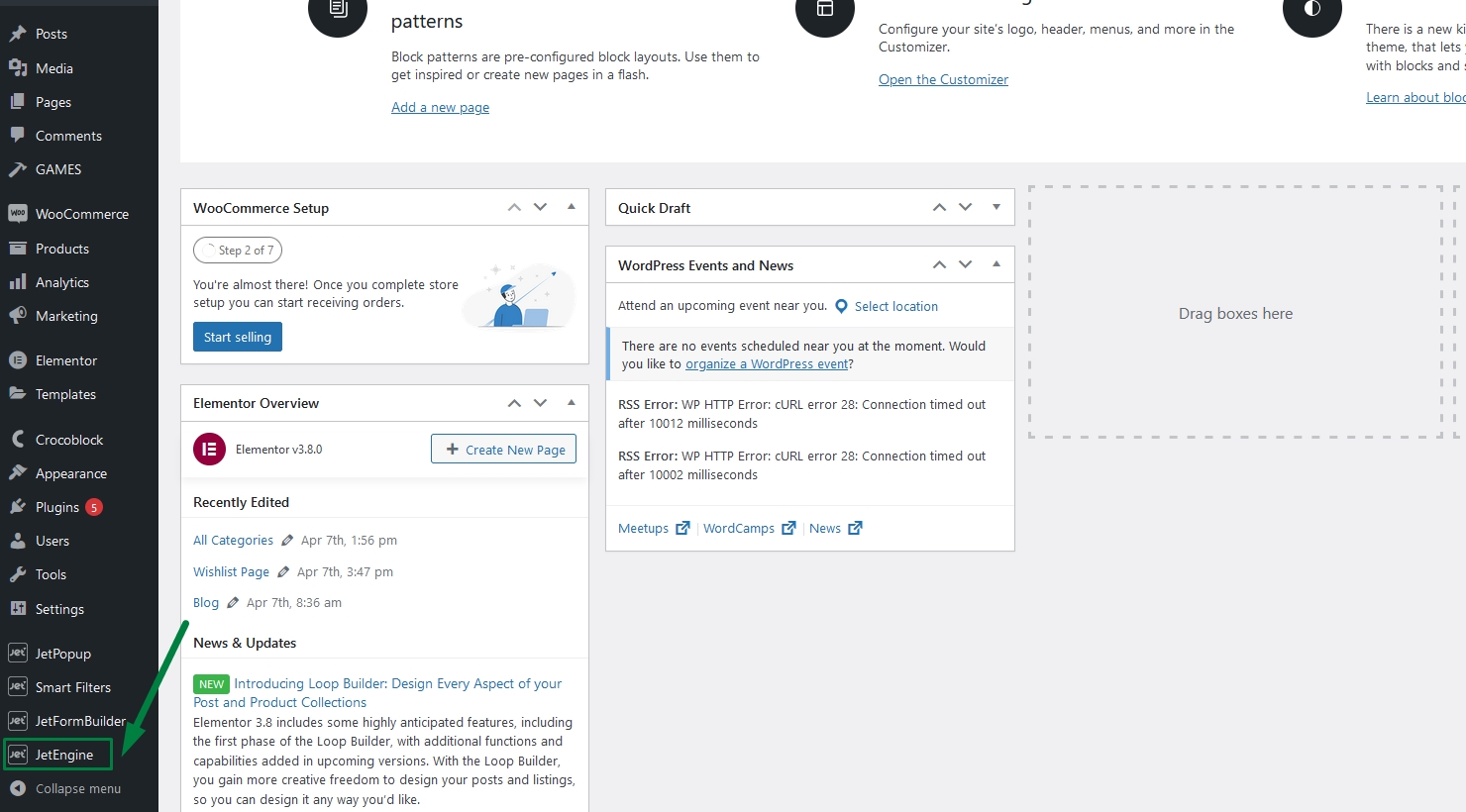 jetengine on wordpress dashboard