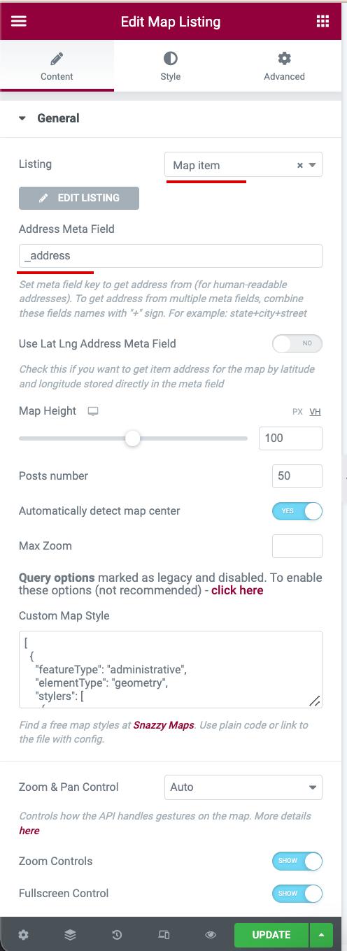 address meta field completed in elementor