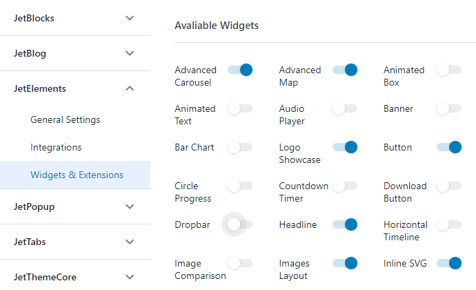 jetelements available widgets in the settings