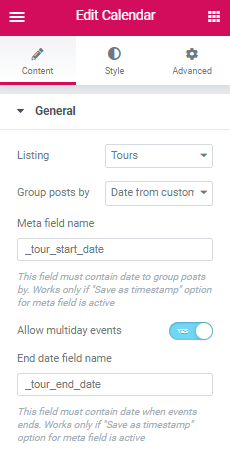 listing calendat widgets settings
