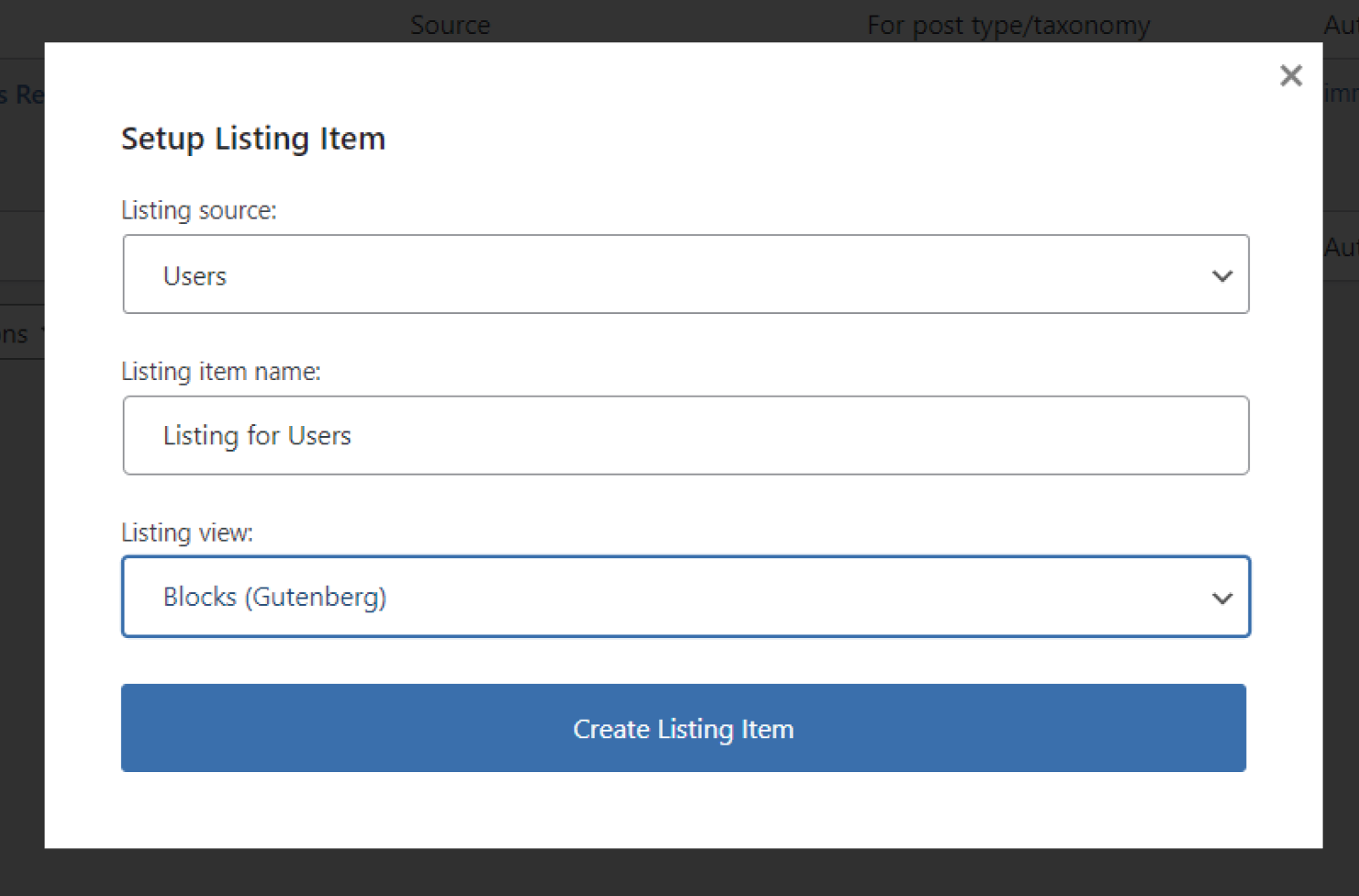 listing for users popup
