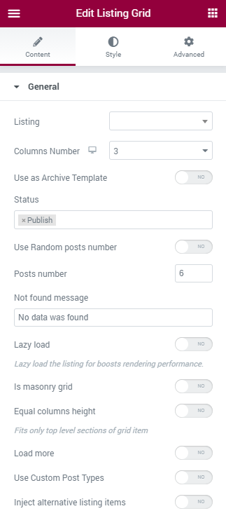 listing grid general settings