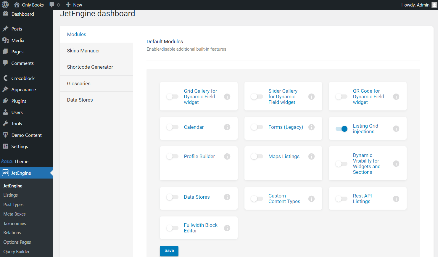 listing grid injections toggle on jetengine dashboard modules tab