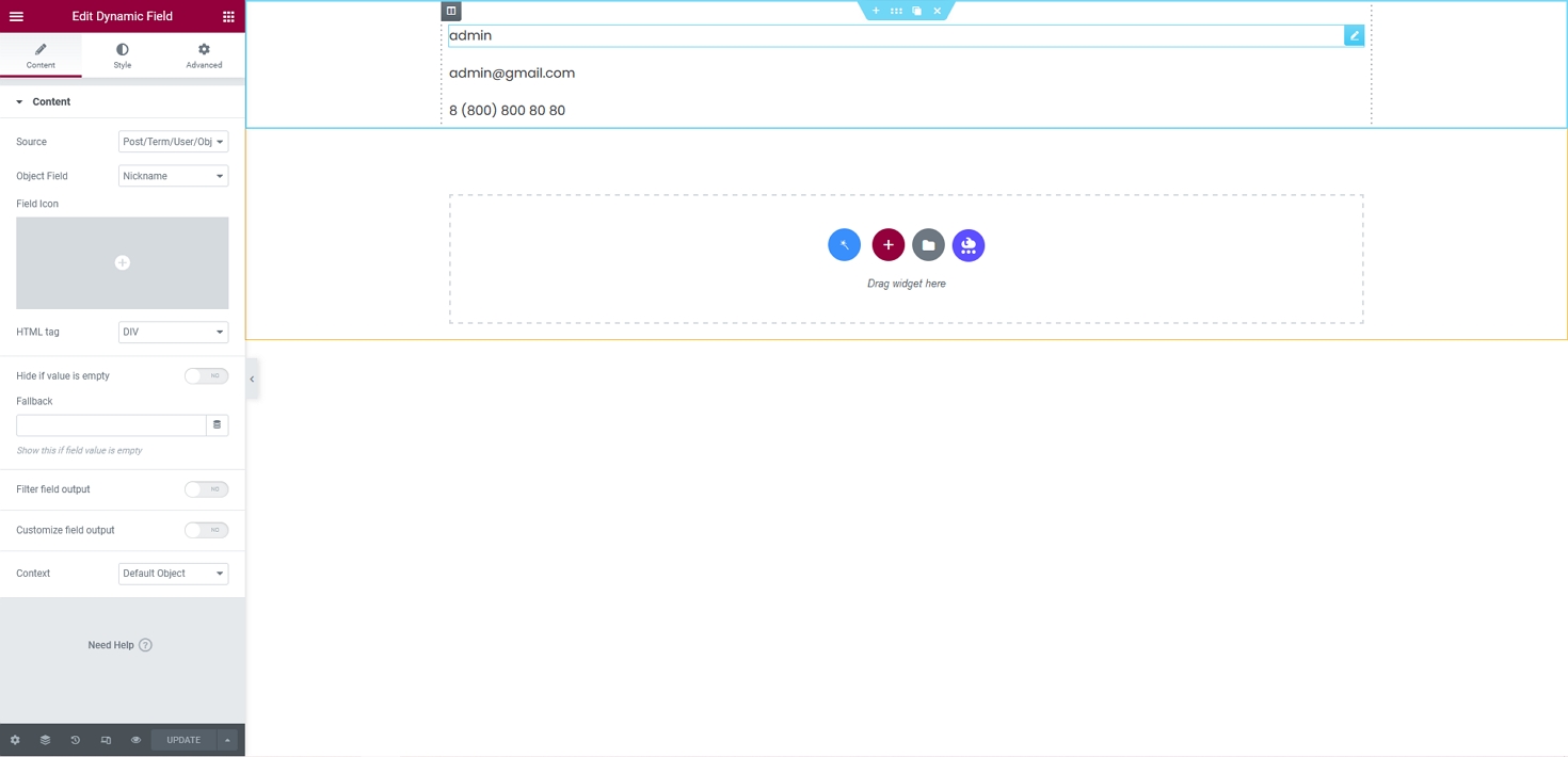 dynamic field settings in elementor