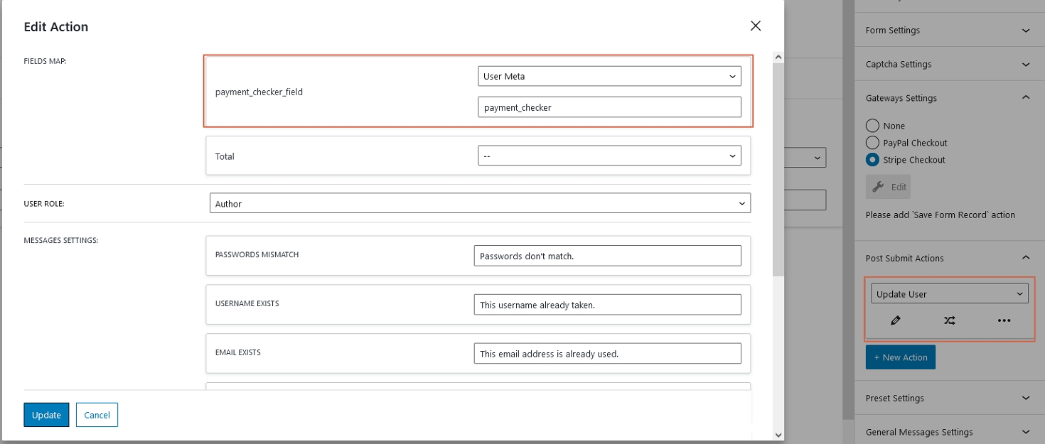 update user action field map