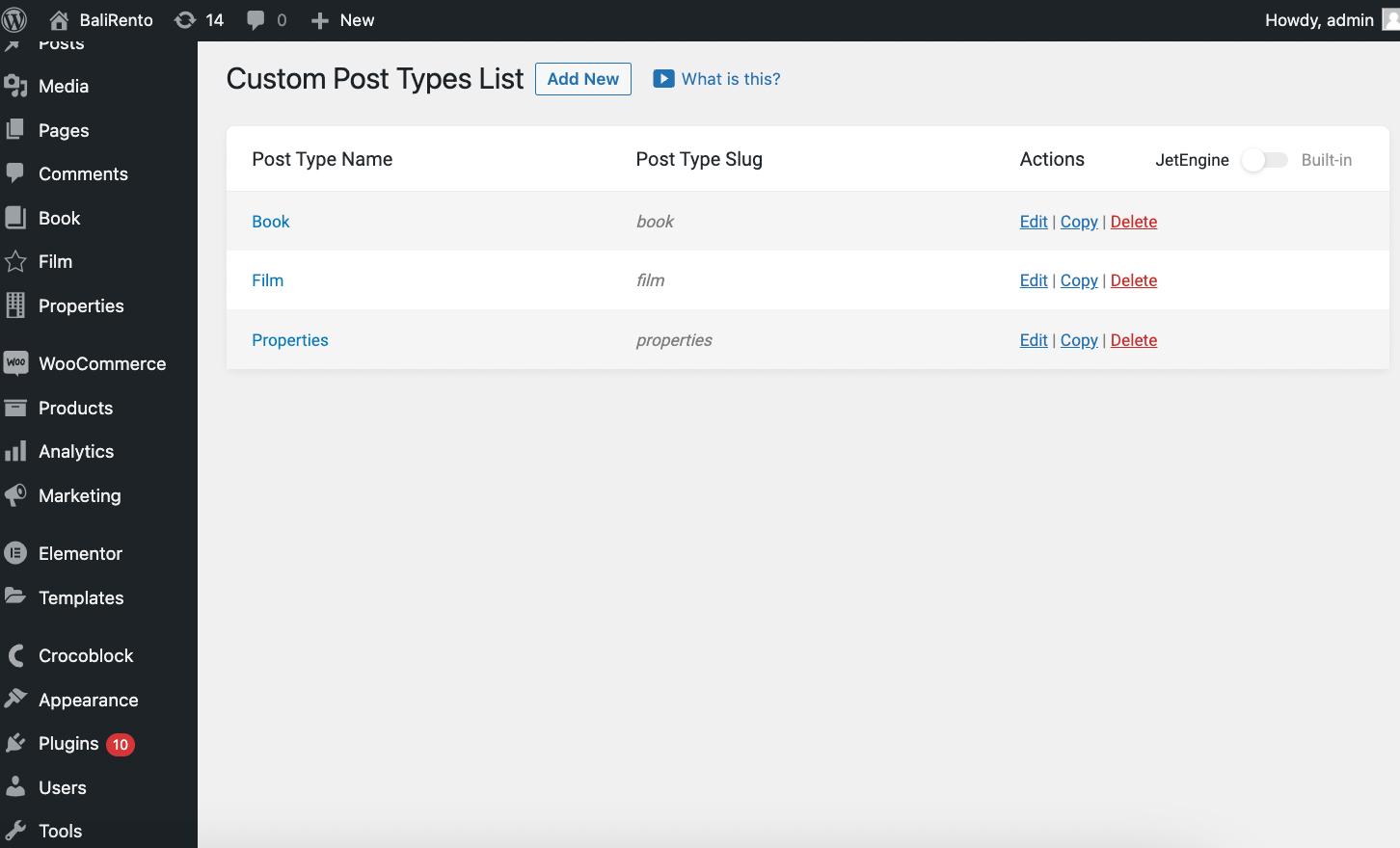 jetengine custom post types list dashboard